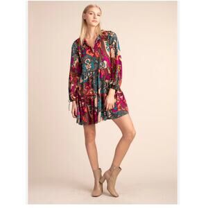 NWOT Trina Turk Cinema Medium purple teal floral ruffle Mini Dress babydoll fall